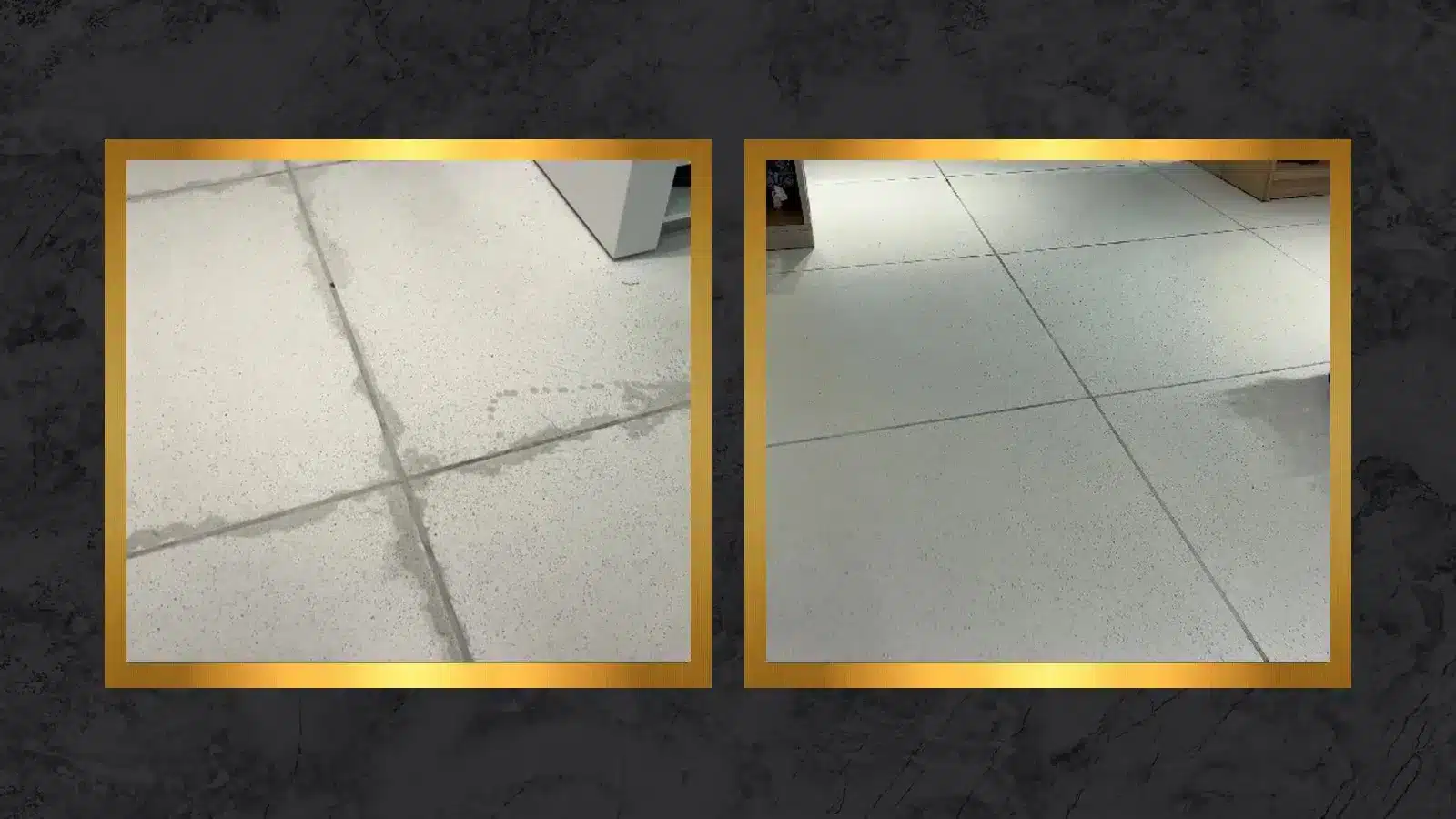 Side-by-side comparison of a terrazzo floor showing etched damage from improper cleaning before restoration and a smooth, uniform surface after restoration.