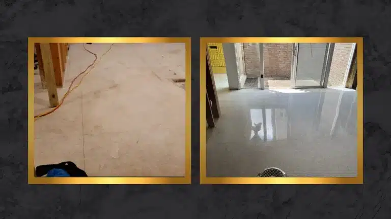 Side-by-side comparison of a terrazzo floor showing a dull, stained surface before restoration and a smooth reflective finish after restoration.