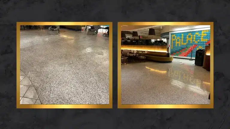 Side-by-side comparison of a terrazzo floor showing a dull surface before restoration and a polished reflective finish after restoration.