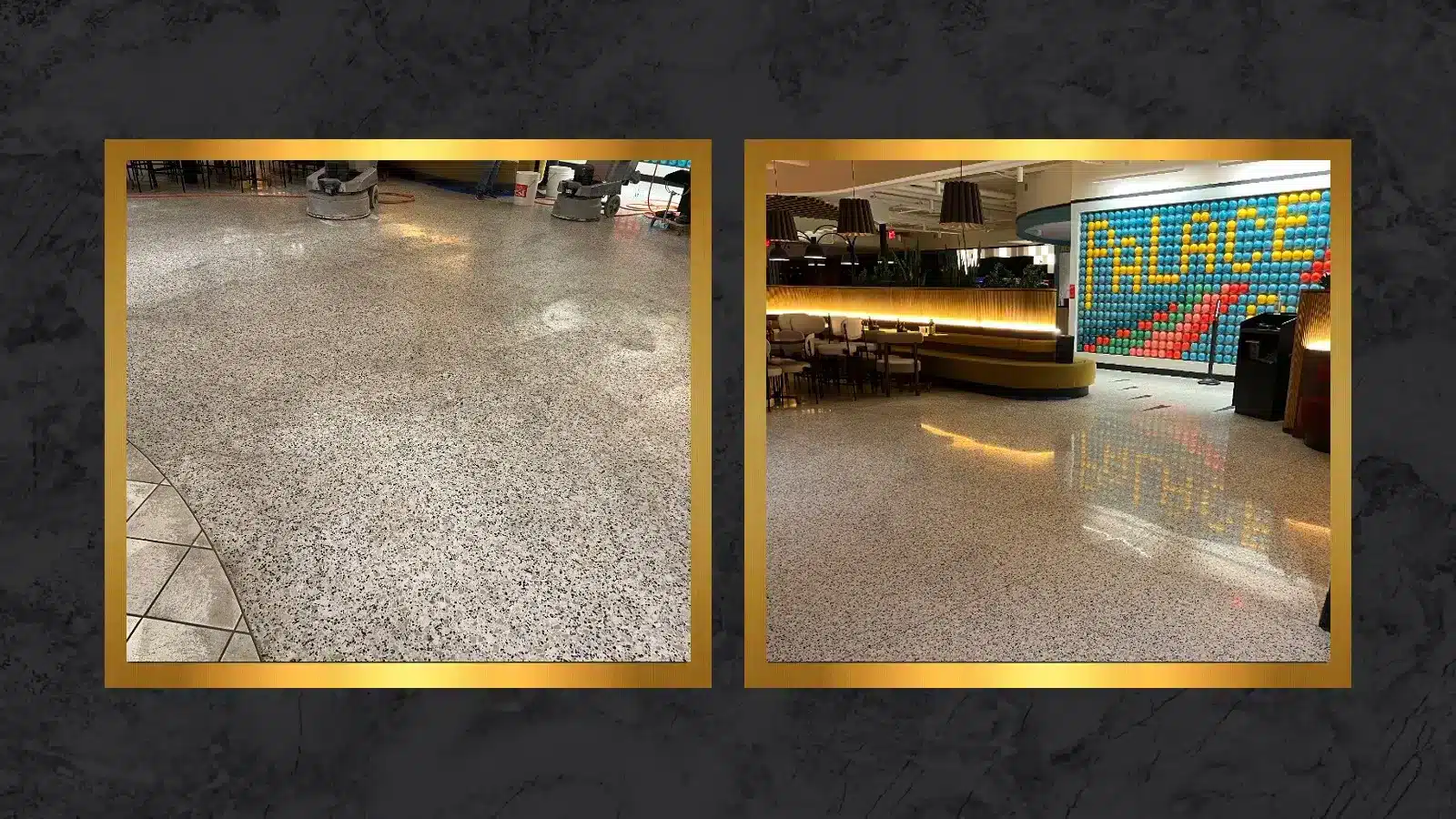 Side-by-side comparison of a terrazzo floor showing a dull surface before restoration and a polished reflective finish after restoration.
