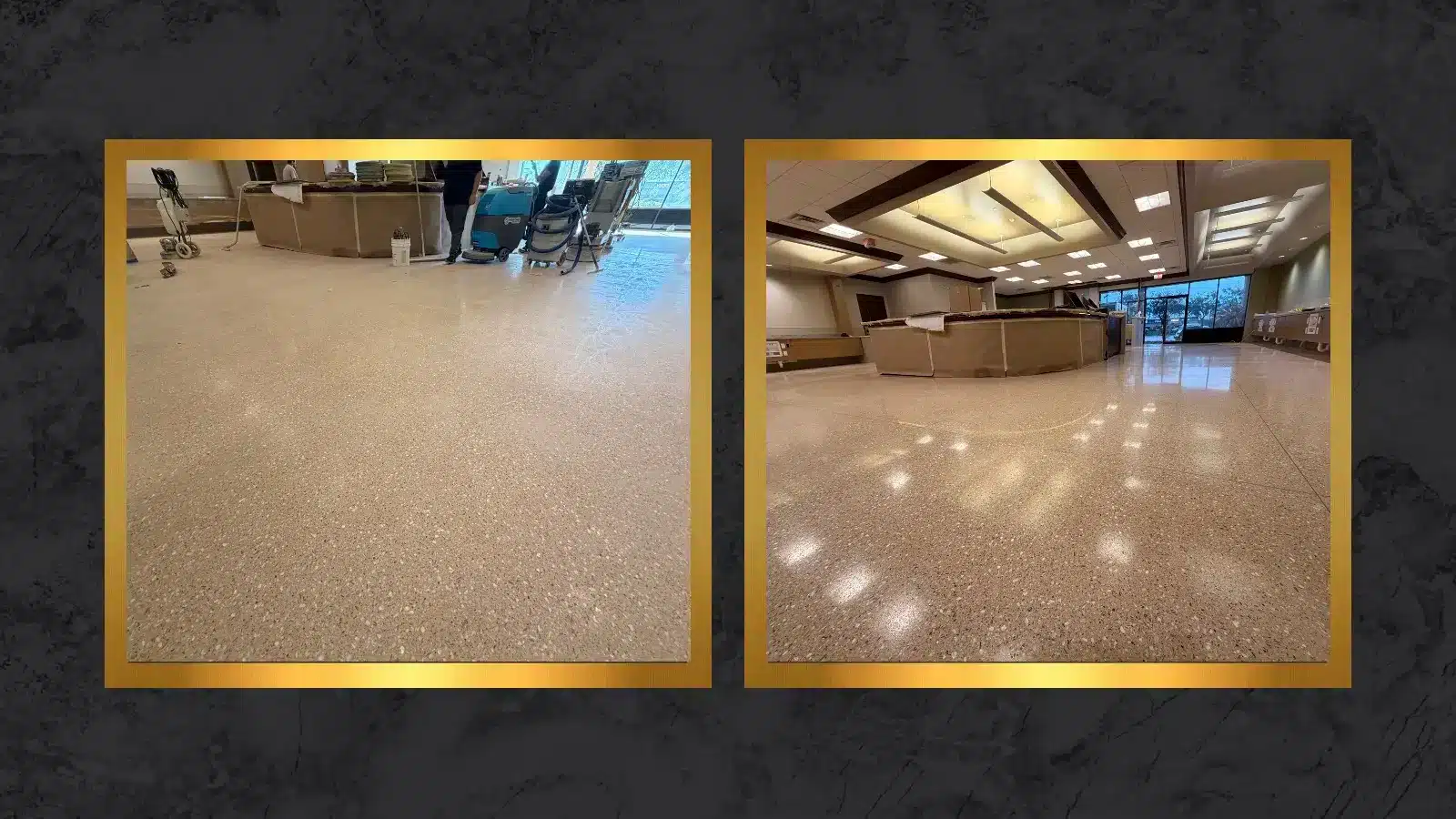 Before and after view of a terrazzo floor in the main entry area of a dialysis center showing a dull surface before restoration and a polished finish after restoration.