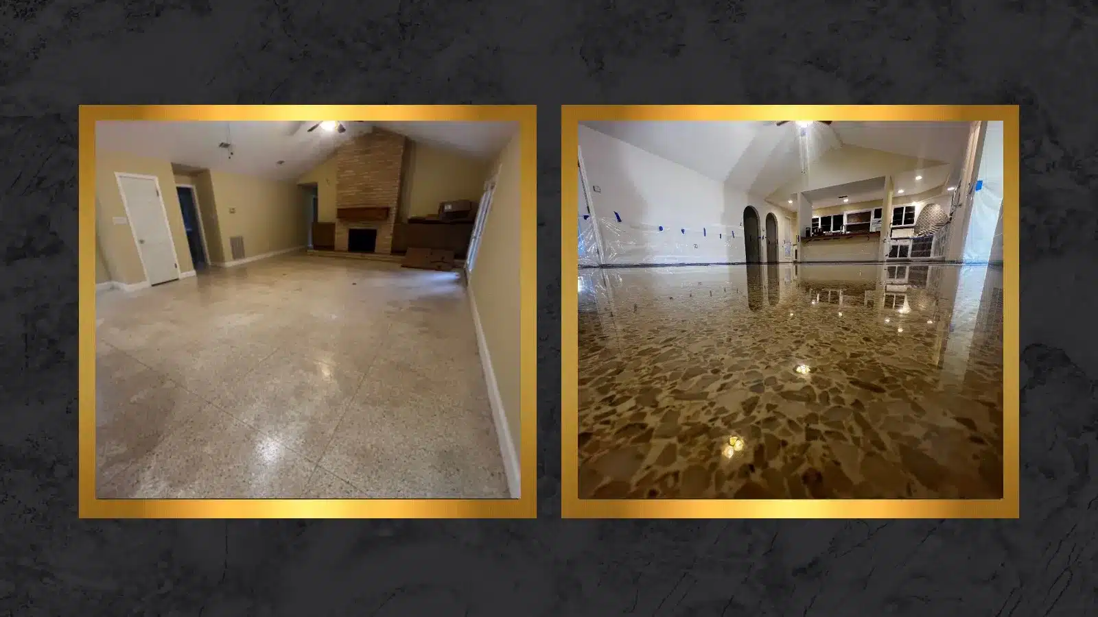 Side-by-side comparison of a terrazzo family room floor showing dullness and surface wear before restoration and a highly reflective polished finish after restoration.