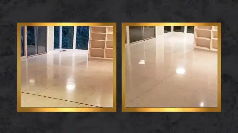 Side-by-side comparison of a terrazzo floor between a kitchen and family room showing dullness and surface wear before restoration and a polished reflective finish after restoration.
