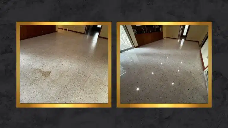 Side-by-side comparison of a living room terrazzo floor before and after restoration.