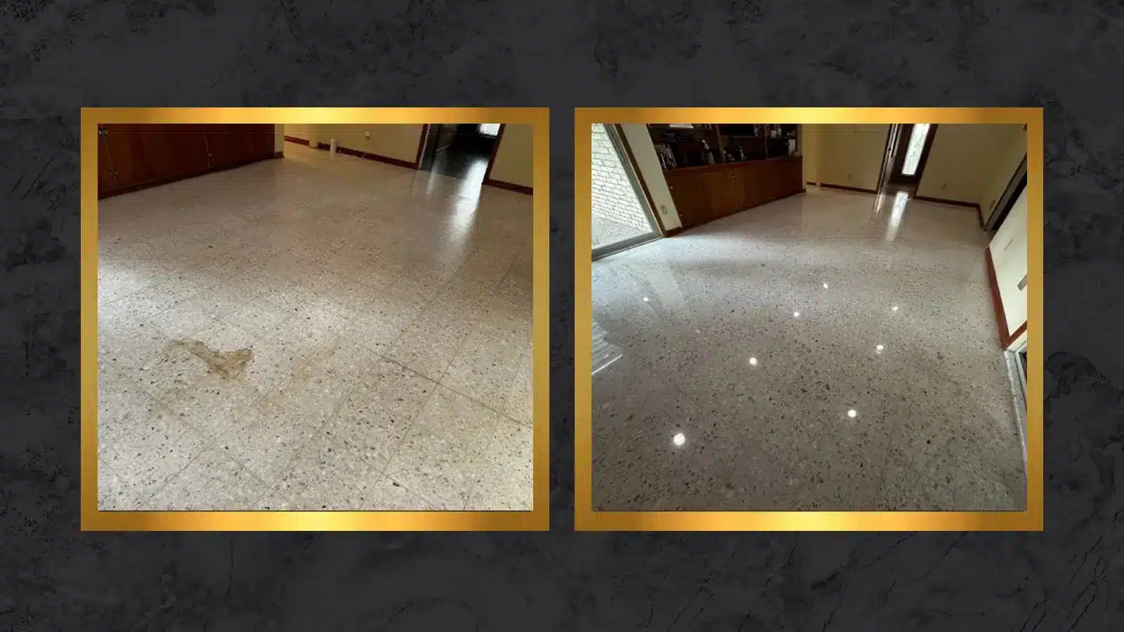Side-by-side comparison of a living room terrazzo floor before and after restoration.