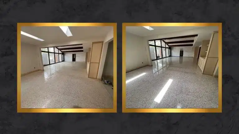 Side-by-side comparison of a terrazzo floor showing visible staining and dullness before stain removal and a clean, polished surface after restoration.