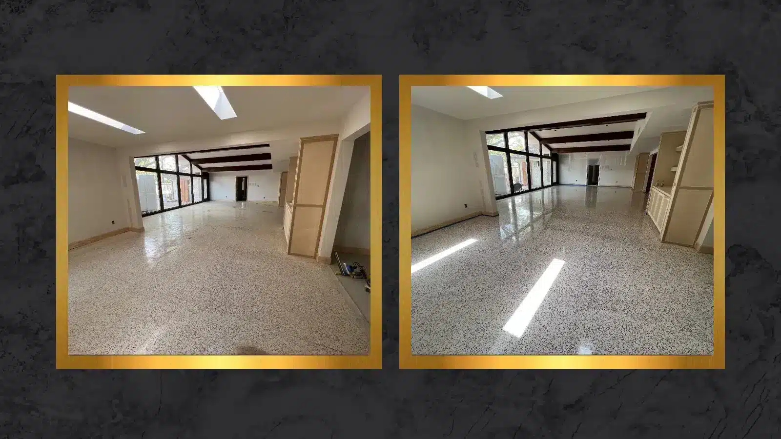 Side-by-side comparison of a terrazzo floor showing visible staining and dullness before stain removal and a clean, polished surface after restoration.