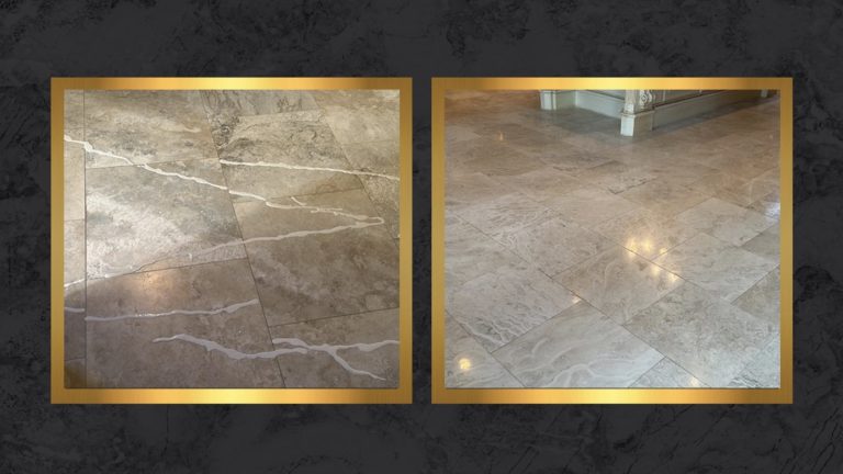 Before and after comparison of travertine floor crack repair showing filled cracks and restored surface in Humble, Texas