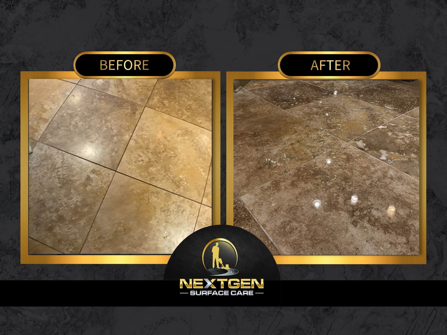 Before and after comparison of uneven travertine floor restoration