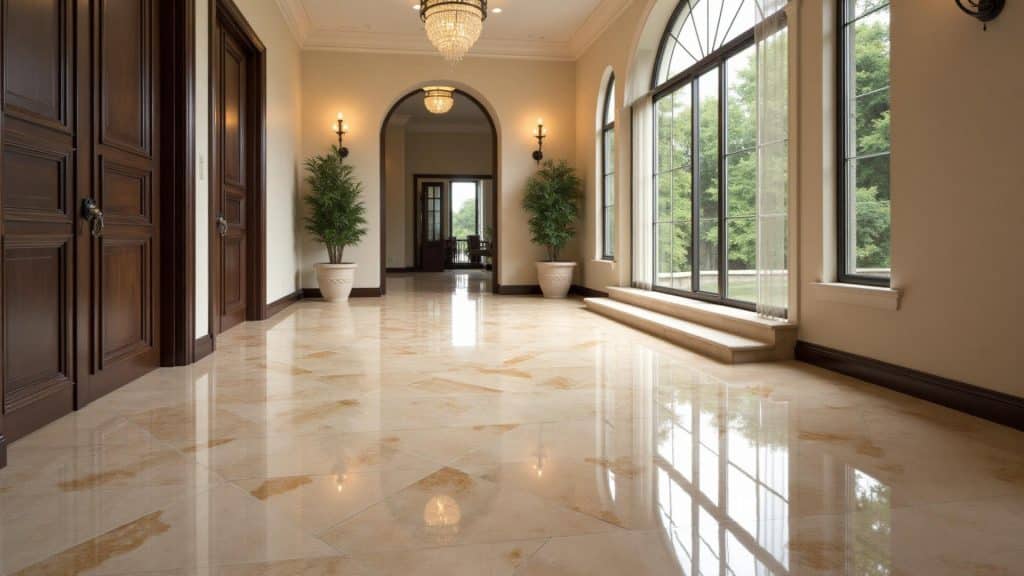 Polished travertine floor in a luxury interior space