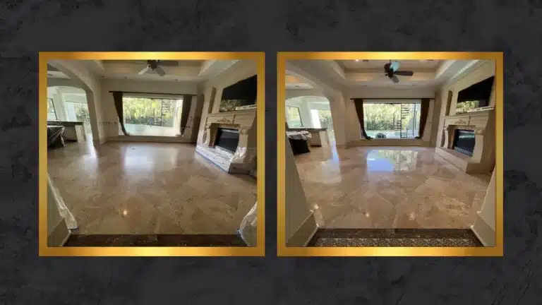 Side-by-side comparison of a travertine floor showing a dull, worn surface before polishing and a smooth reflective finish after polishing.