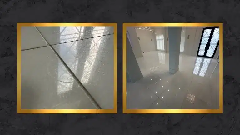 Side-by-side comparison of a white Thassos marble floor showing surface damage before restoration and a polished finish after restoration.