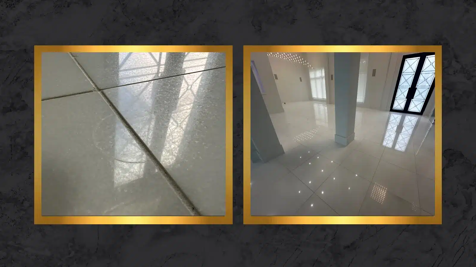 Side-by-side comparison of a white Thassos marble floor showing surface damage before restoration and a polished finish after restoration.