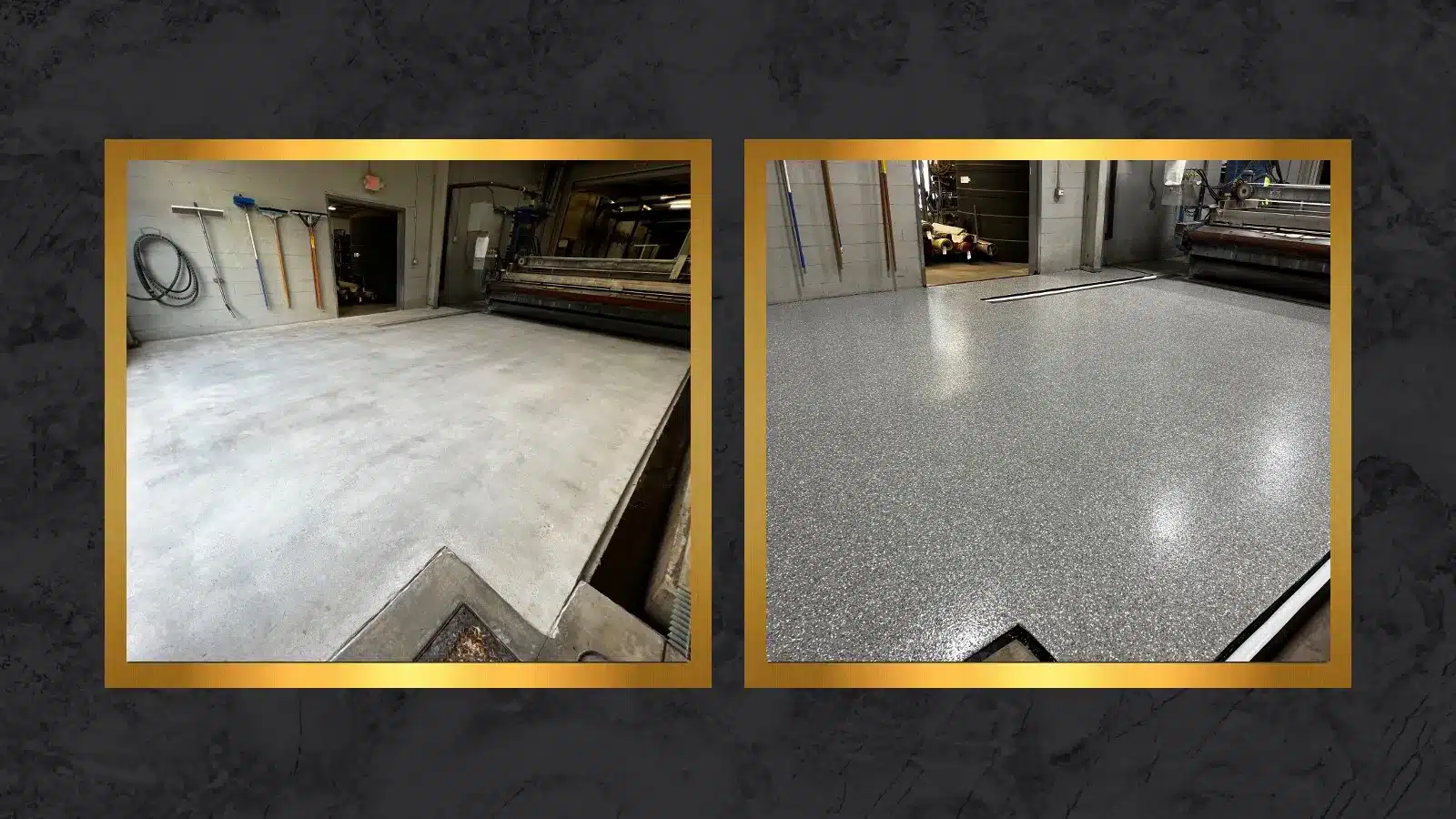 Side-by-side comparison of a commercial garage floor showing bare concrete before epoxy coating and a smooth, coated surface after application.