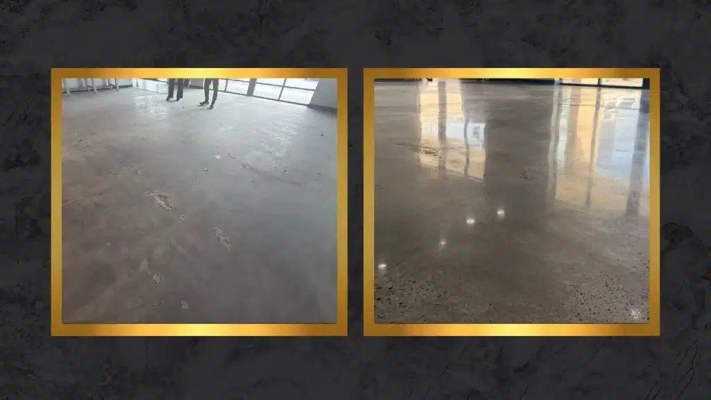 Side-by-side comparison of concrete floor before epoxy removal and after 800 grit polishing with guard application in Westchase Houston, TX.
