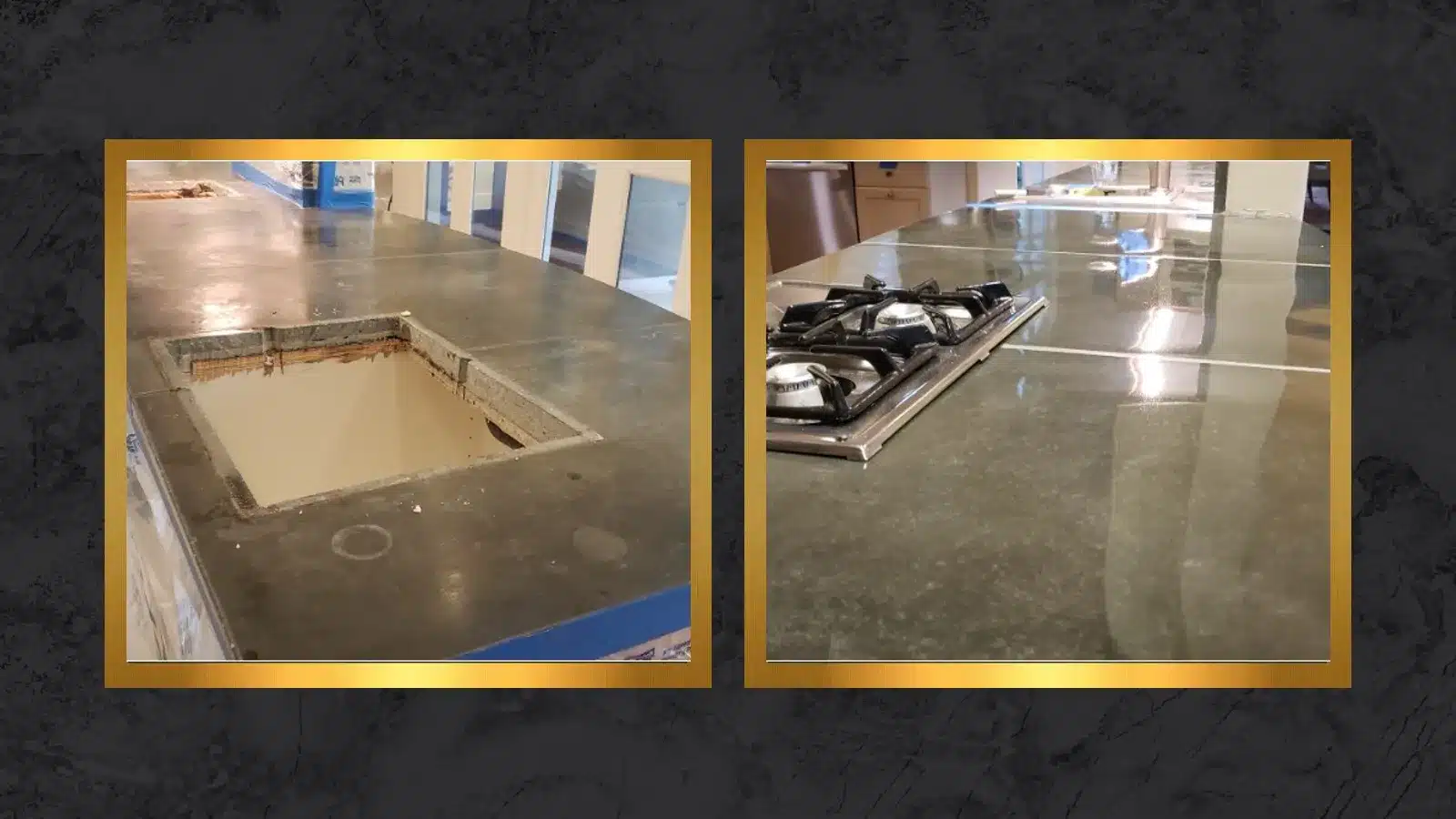 Side-by-side comparison of a concrete kitchen countertop showing surface wear and dullness before restoration and a smooth polished finish after restoration.