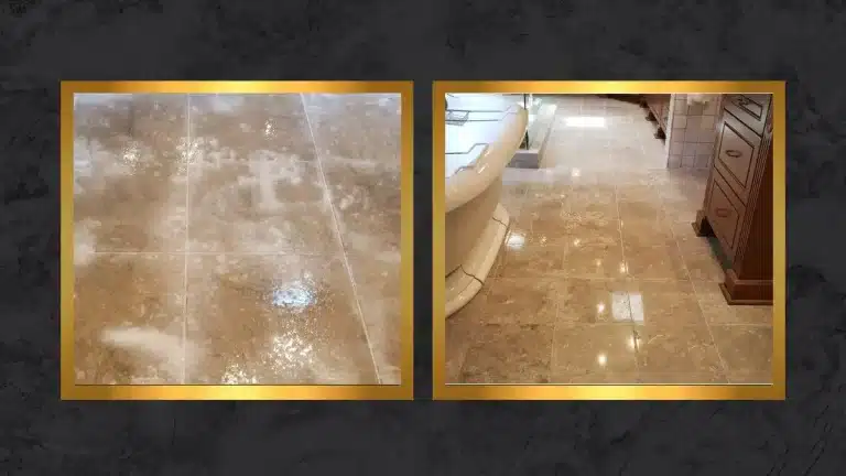 Side-by-side comparison of a limestone bathroom floor showing severe erosion and surface pitting before restoration and a smooth, uniform finish after restoration.