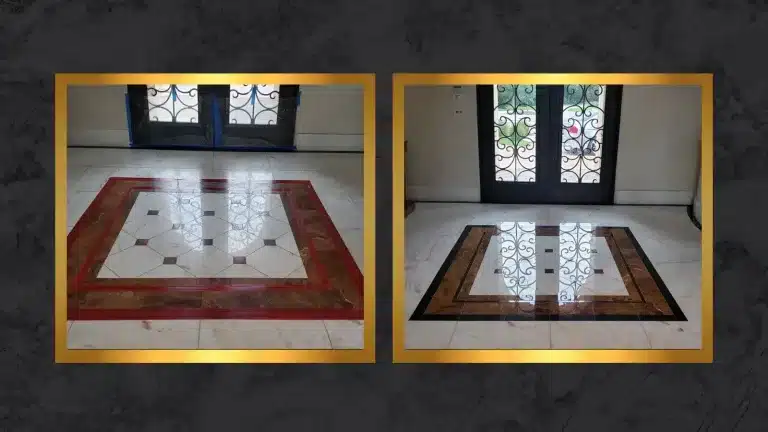 Side-by-side comparison of a marble entry floor with decorative inlay showing uneven sheen before polishing and a uniform reflective finish after polishing.