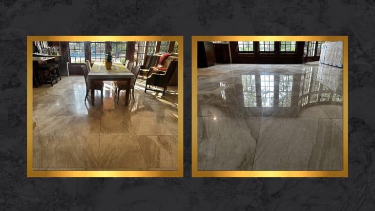 Side-by-side comparison of a residential living room marble floor showing dullness and wear before restoration and a highly reflective polished finish after restoration.