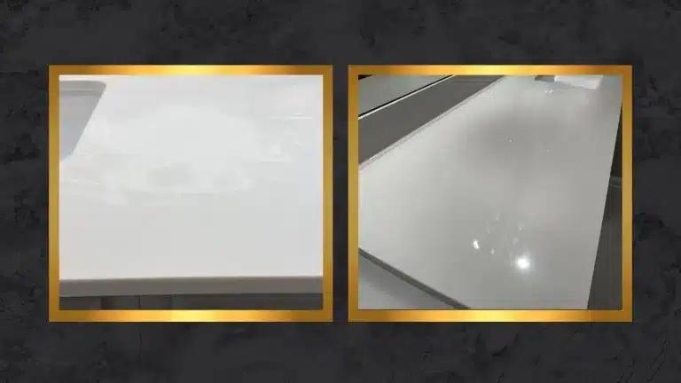 Side-by-side comparison of a quartz countertop showing dull patches and surface marks before restoration and an even, polished finish after restoration.