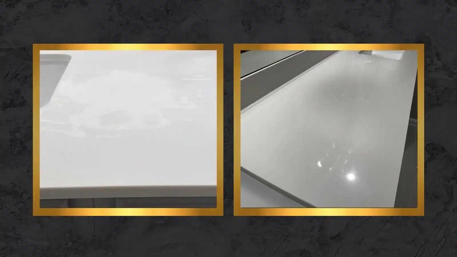 Side-by-side comparison of a quartz countertop showing dull patches and surface marks before restoration and an even, polished finish after restoration.