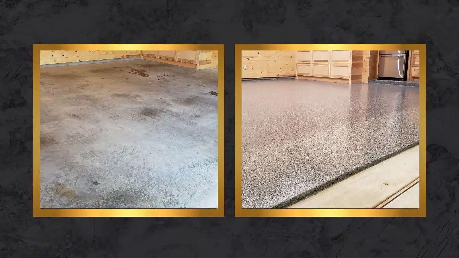 Side-by-side comparison of a residential garage floor showing bare concrete before epoxy coating and a smooth, coated surface after application.