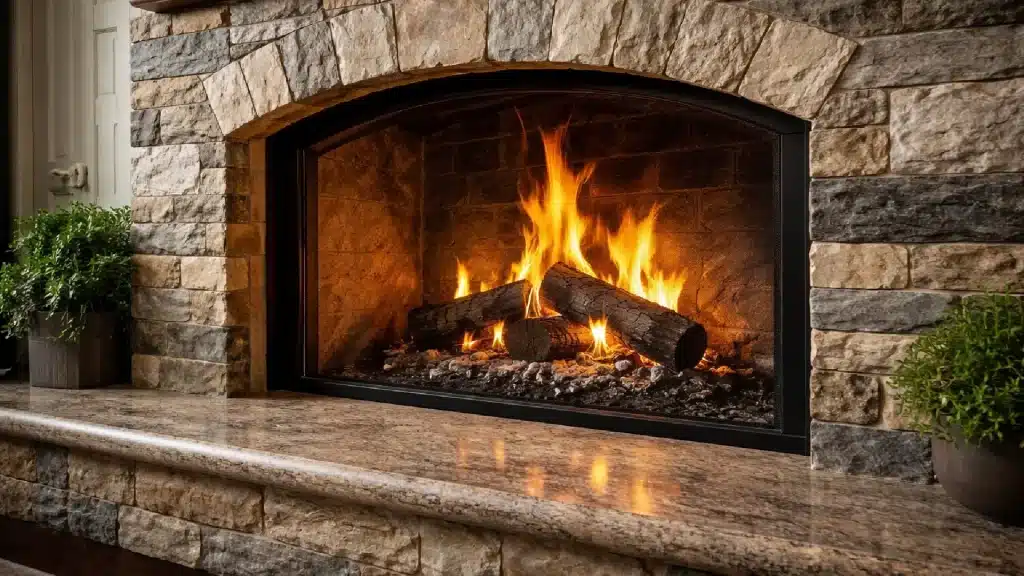 Natural stone fireplace firebox with granite hearth and burning fire