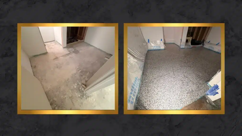 Before and after epoxy terrazzo installation in Houston TX showing concrete floor transformation