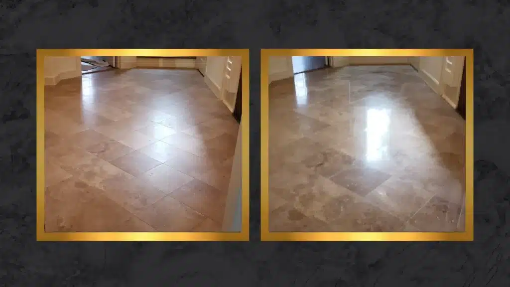 Travertine floor restoration in Houston Texas showing dull scratched stone before and polished finish after honing and polishing