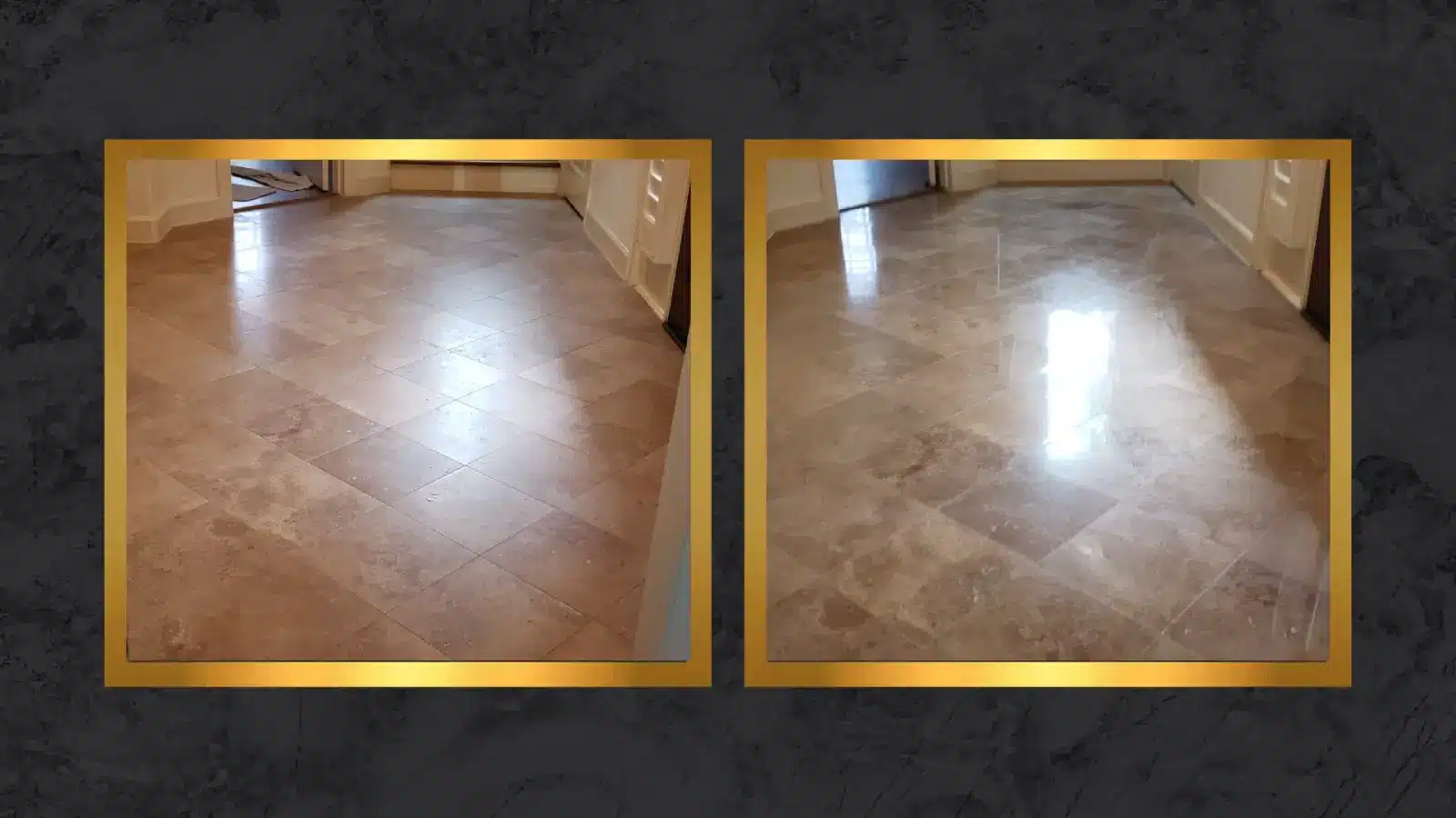 Travertine floor restoration in Houston Texas showing dull scratched stone before and polished finish after honing and polishing