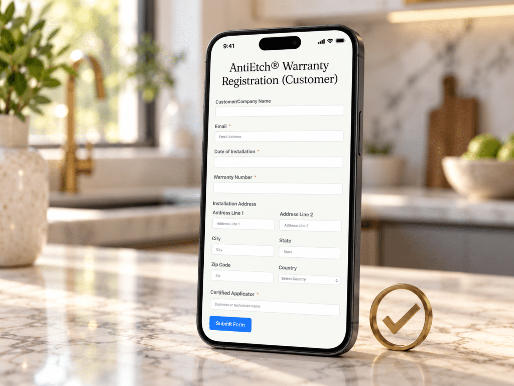 MORE AntiEtch customer warranty registration form displayed on a smartphone